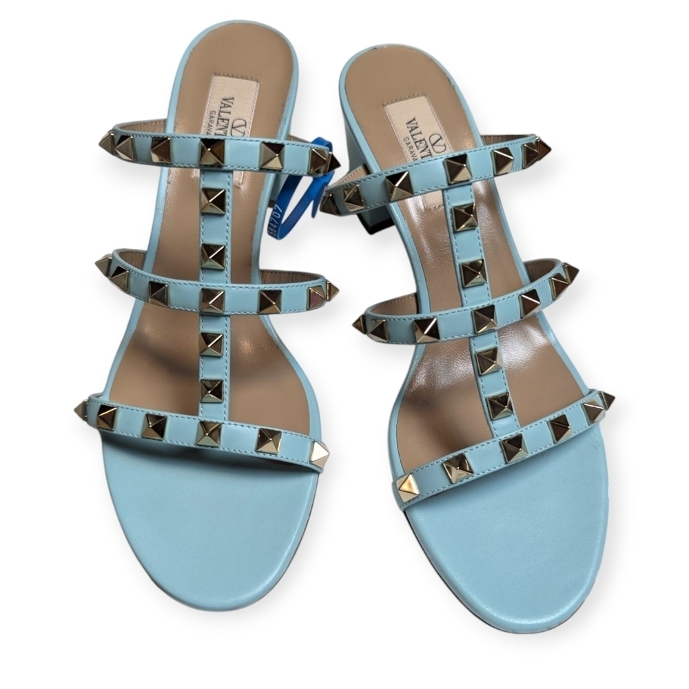 Valentino Garavani Rockstud 60 Caged Block-Heel Slide Sandals Size 7 Acquamarina - Picture 13 of 13